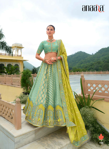 Beautiful Traditional Designer Elegant Sea Green Embroidery Work Cut Work Orgenza Silk Lehenga - 7406